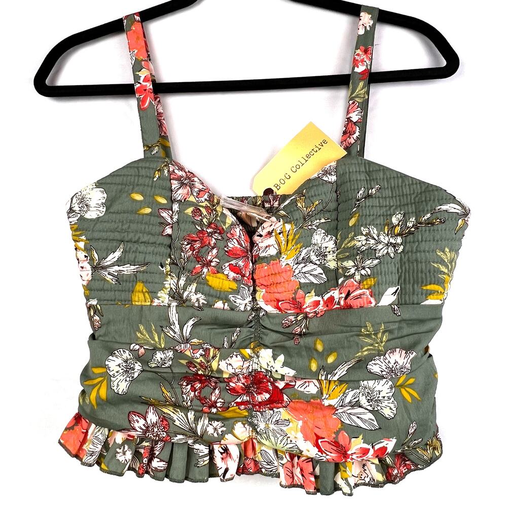 BOG Tank Top Womens Large - NWT-Collective Sage Green Floral Padded Crop Halter